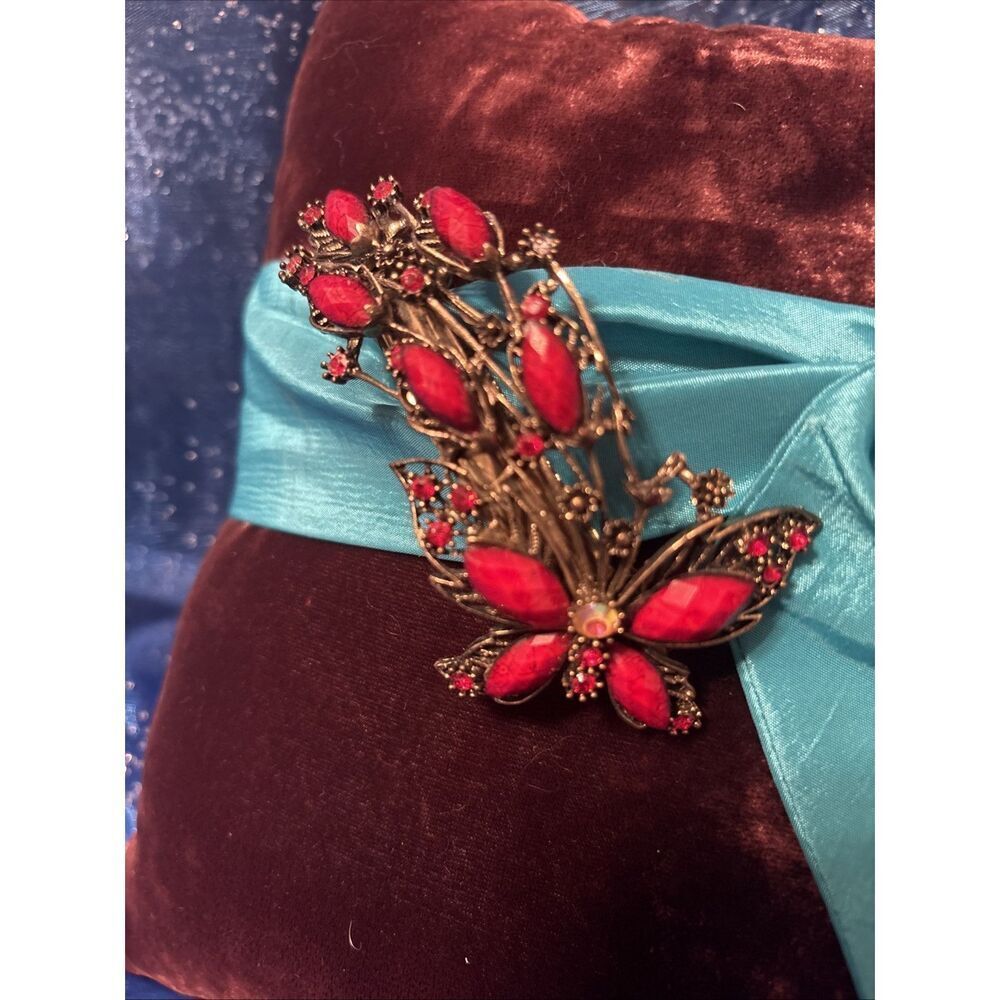 Butterfly Red Gem Rhinestones Hair‎ Barrette Clip Bronze  Tone Highly Detailed